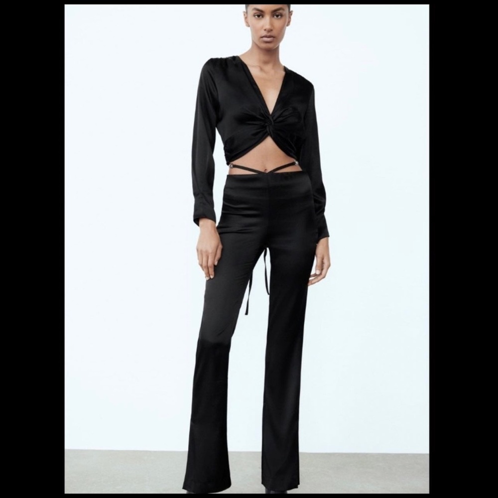 ZARA Flared Satin Pants Black Size Small Preowned